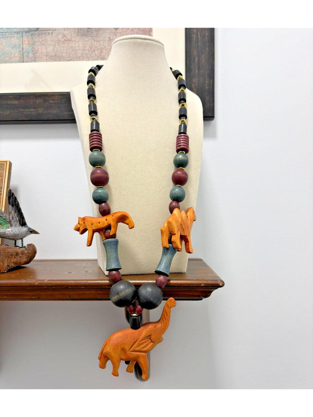 Vintage Wood Animal Beaded Necklace Large Statement Elephant Camel Tribal 26"